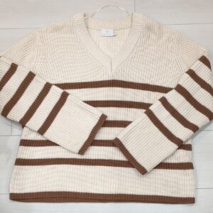 Kaffe Striped V-Neck Sweater in Cream and Brown